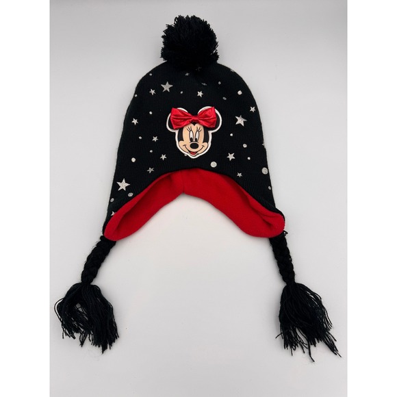 Disney Other - Kids Girls Disney Minnie Mouse Winter Beanie Hat Black Red Stars Pom Pom Braids